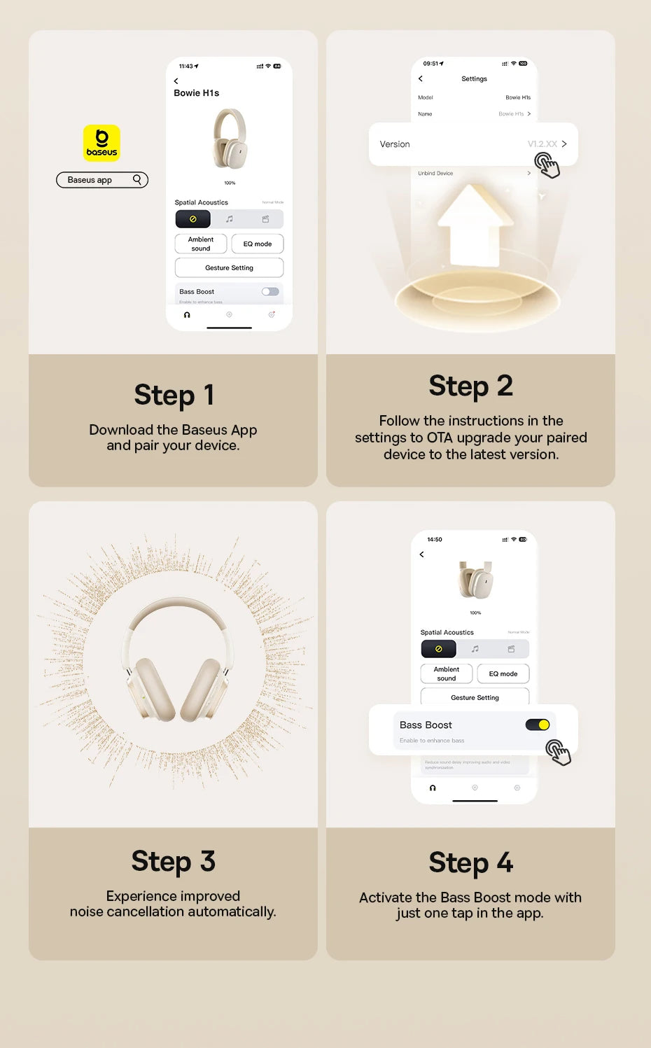 Baseus Bowie H1S – Fone Bluetooth 5.4 com Cancelamento de Ruído Ativo 46dB, Áudio Espacial Hi-Res e 120h de Autonomia!