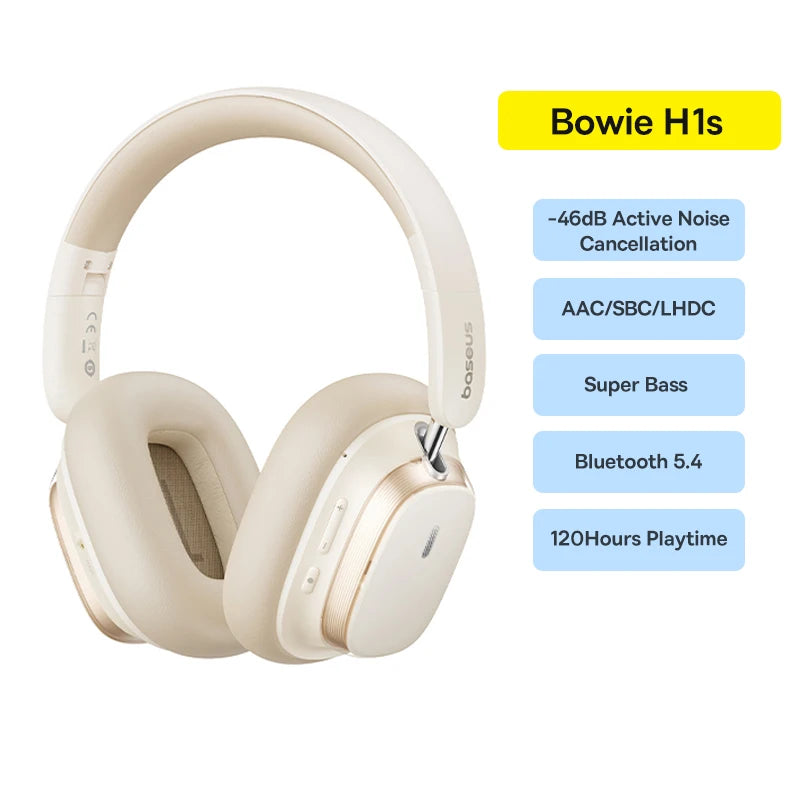 Baseus Bowie H1S – Fone Bluetooth 5.4 com Cancelamento de Ruído Ativo 46dB, Áudio Espacial Hi-Res e 120h de Autonomia!