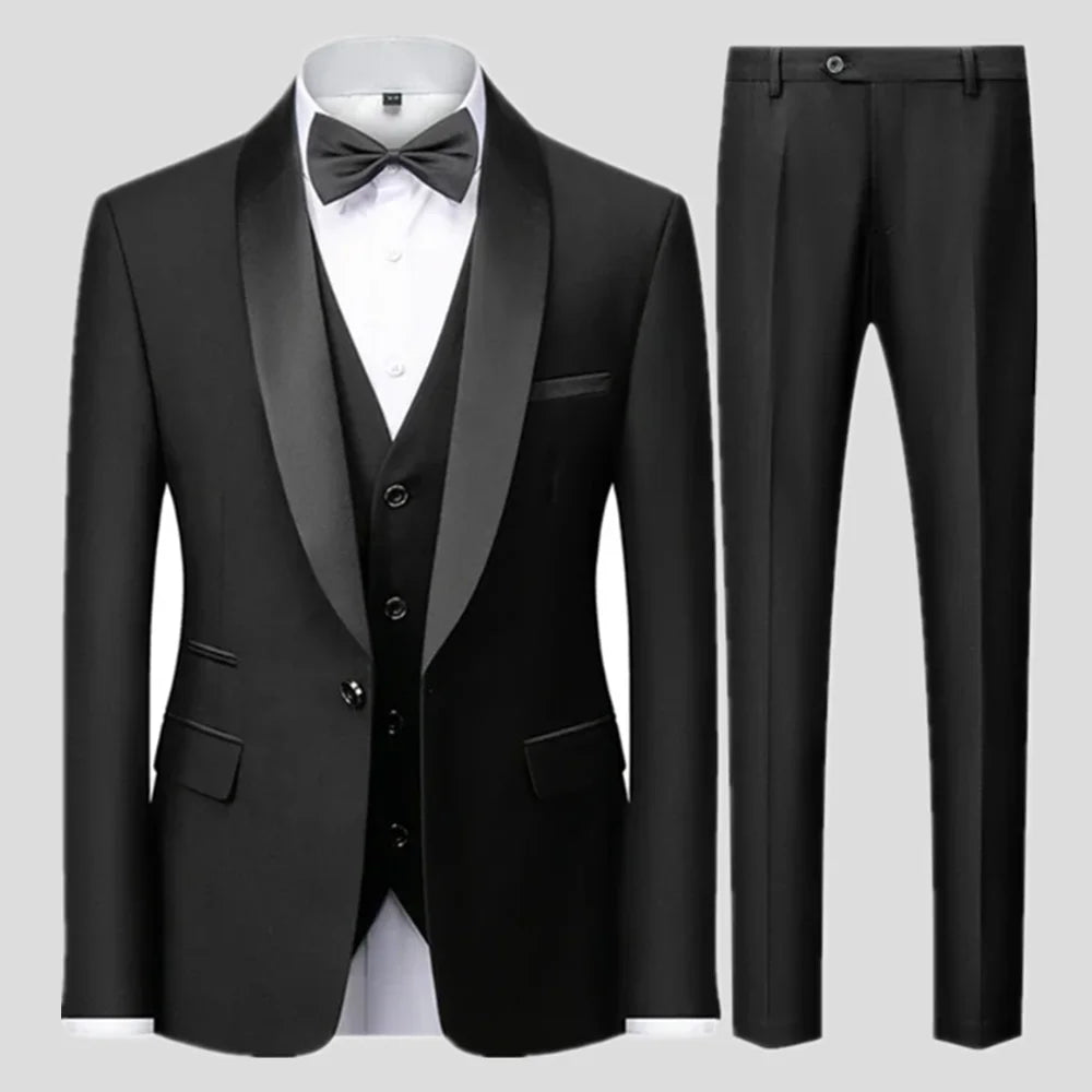Conjunto Masculino de Luxo 3 Peças — Terno Slim Preto com Blazer, Colete e Calça | Ideal para Casamentos, Festas e Eventos Formais”