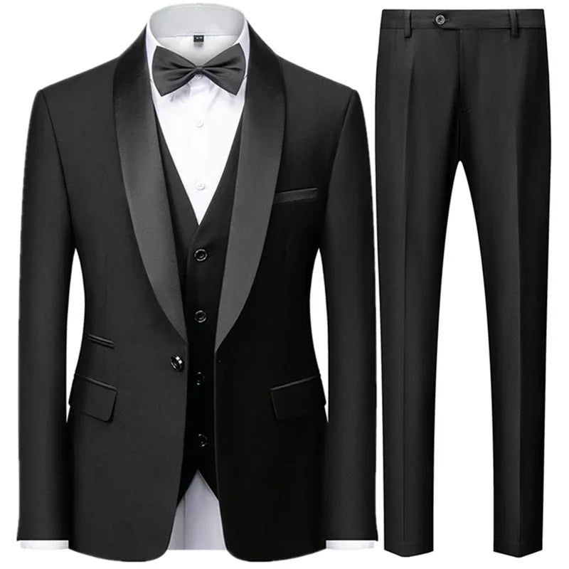 Conjunto Masculino de Luxo 3 Peças — Terno Slim Preto com Blazer, Colete e Calça | Ideal para Casamentos, Festas e Eventos Formais”