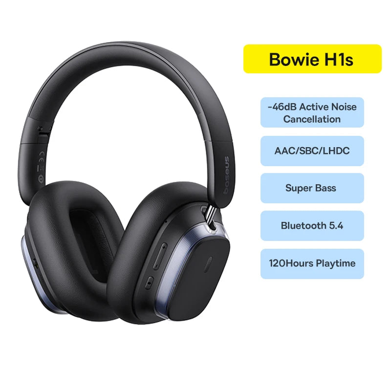 Baseus Bowie H1S – Fone Bluetooth 5.4 com Cancelamento de Ruído Ativo 46dB, Áudio Espacial Hi-Res e 120h de Autonomia!
