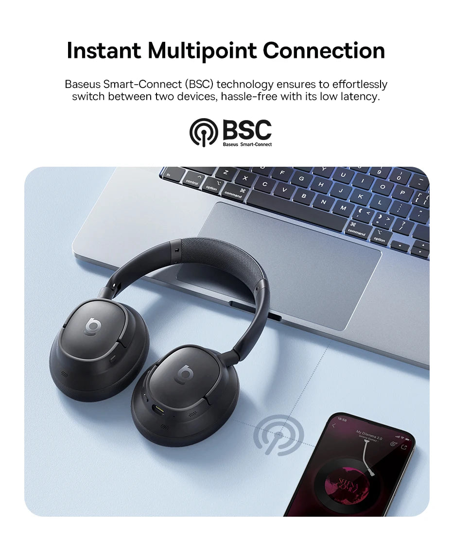 Baseus Bowie H1S – Fone Bluetooth 5.4 com Cancelamento de Ruído Ativo 46dB, Áudio Espacial Hi-Res e 120h de Autonomia!